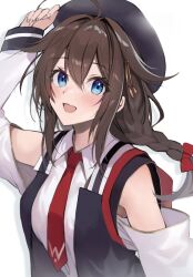 Rule 34 | 1girl, ahoge, arm up, backpack, bag, bare shoulders, beret, blue eyes, blush, bow, braid, brown hair, collared shirt, detached sleeves, hair between eyes, hair bow, hair flaps, hat, highres, kantai collection, long hair, looking at viewer, necktie, official alternate costume, open clothes, open mouth, open vest, picoli1313, red bow, red necktie, shigure (kancolle), shigure kai ni (kancolle), shirt, single braid, solo, upper body, vest, white background, white shirt