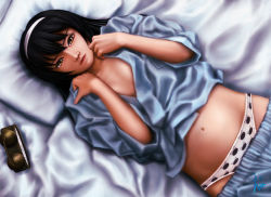 Rule 34 | 10s, 1girl, alarm clock, animal print, artist name, bed sheet, black hair, brown eyes, cat panties, cat print, clock, clothes pull, ebi (eeotoko), flat chest, girls und panzer, highres, lips, long hair, lying, navel, nose, on back, open clothes, open shirt, panties, pants, pants pull, pillow, print panties, reizei mako, shirt, signature, solo, underwear, white panties