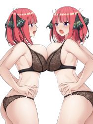 Rule 34 | 2girls, angry, bare arms, black bra, black panties, blunt bangs, bra, breast fight, breast press, breasts, butterfly hair ornament, clone, commentary request, go-toubun no hanayome, hair ornament, hair ribbon, hands on own hips, highres, huge breasts, kannko bokujou, lace, lace-trimmed bra, lace-trimmed panties, lace trim, multiple girls, nakano nino, open mouth, panties, pink hair, ribbon, short hair, sideboob, simple background, standing, symmetrical docking, teeth, underwear, underwear only, upper teeth only, white background
