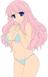 Rule 34 | 1girl, absurdres, baka to test to shoukanjuu, bikini, blue eyes, breasts, covered erect nipples, hair ornament, hairclip, highres, himeji mizuki, large breasts, legs, long hair, navel, open mouth, pink hair, rabbit hair ornament, simple background, smile, solo, swimsuit, thighs, third-party edit, vector trace