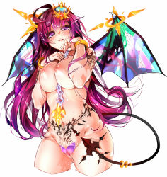 Rule 34 | 1girl, ahoge, between breasts, bracelet, breasts squeezed together, breasts, chain, cowboy shot, cropped legs, crown, demon girl, demon tail, female focus, groin, highres, jewelry, large breasts, long hair, mini crown, navel, nipples, original, pink hair, purple eyes, pussy juice, red disappointment, simple background, solo, sweat, tail, tattoo, tribal tattoo, white background, wings