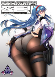 Rule 34 | !, 1girl, arm guards, armor, ass, black gloves, blue hair, blue skirt, blush, breasts, brown pantyhose, cameltoe, character name, closed mouth, clothes lift, clothes pull, cover, cowboy shot, crotch seam, derauea, embarrassed, fingerless gloves, floating hair, from behind, from below, frown, gakuen taisen valkyries, glasses, gloves, gradient background, grey background, gun, hair between eyes, hairband, handgun, highres, holster, huge ass, large breasts, lens flare, long hair, long sleeves, looking at viewer, looking back, looking down, m1911, miniskirt, panties, panties under pantyhose, pantyhose, pantyhose pull, pistol, pleated skirt, pout, purple eyes, sabra greengold, school uniform, see-through, serafuku, sign, skin tight, skindentation, skirt, skirt lift, solo, thigh holster, thighband pantyhose, underwear, very long hair, warning sign, weapon, white panties