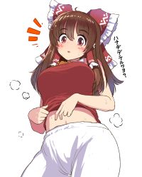 Rule 34 | 1girl, bloomers, blush, bow, breasts, brown hair, commentary request, cookie (touhou), cowboy shot, hair between eyes, hair bow, hakurei reimu, highres, kanna (cookie), large breasts, long hair, looking at viewer, midriff, navel, notice lines, open mouth, pai kebon baa, red bow, red eyes, red shirt, shirt, simple background, sleeveless, sleeveless shirt, solo, sweat, touhou, translated, underwear, white background