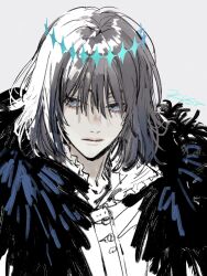 Rule 34 | 1boy, black scarf, blue eyes, buttons, collared shirt, eyelashes, eyes visible through hair, fate/grand order, fate (series), frilled shirt collar, frills, grey background, grey hair, hair over eyes, high collar, lips, looking at viewer, male focus, medium hair, oberon (fate), parted lips, scarf, shirt, signature, simple background, solo, tabacooo, upper body, white shirt