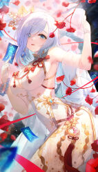 Rule 34 | 1girl, alternate costume, armpits, bare shoulders, bead bracelet, beads, blue eyes, blush, bracelet, breasts, china dress, chinese clothes, cleavage, cleavage cutout, clothing cutout, covered navel, cowboy shot, dress, flower, genshin impact, hair flower, hair ornament, hair over one eye, highres, jewelry, large breasts, long hair, looking at viewer, ofuda, parted lips, pistachiocream, shawl, shenhe (genshin impact), sleeveless, sleeveless dress, smile, solo, thighs, white hair
