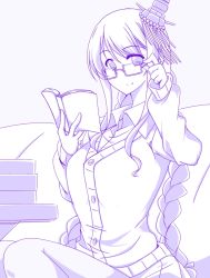 Rule 34 | 10s, 1girl, adjusting eyewear, alternate costume, alternate hairstyle, book, braid, buttons, cardigan, commentary request, female focus, fusou (kancolle), glasses, hair ornament, hat, headgear, holding, holding book, kantai collection, kuon (nokokopopo), long hair, long sleeves, looking at viewer, monochrome, open book, sitting, smile, solo, twin braids