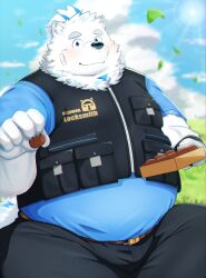 Rule 34 | 1boy, absurdres, animal ears, bandaid, bara, belly, blue fur, blush, bulge, chocolate, cowboy shot, dog boy, dog ears, fat, fat man, food, furry, furry male, grass, highres, holding, holding chocolate, holding food, incoming food, live a hero, looking at viewer, male focus, multicolored hair, nyaoru (ruoain), outdoors, pants, smile, solo, streaked hair, thick eyebrows, valentine, white fur, wind, yohack