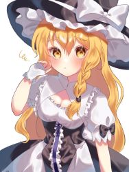 Rule 34 | black bow, black dress, black hat, blonde hair, bow, braid, breasts, center frills, cleavage, closed mouth, dress, fingerless gloves, frilled dress, frilled hat, frills, gloves, hat, hat bow, highres, kirisame marisa, long hair, puffy short sleeves, puffy sleeves, short sleeves, simple background, single braid, siomi 403, solo, touhou, upper body, very long hair, white background, white bow, white gloves, witch hat, yellow eyes