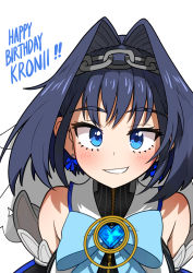 Rule 34 | !, !!, 1girl, bare shoulders, blue eyes, blue hair, bow, bow earrings, bowtie, chain, character name, ddolbang, earrings, hair between eyes, hair intakes, happy birthday, highres, hololive, hololive english, jewelry, looking at viewer, ouro kronii, parted lips, simple background, smile, solo, teeth, upper body, virtual youtuber, white background