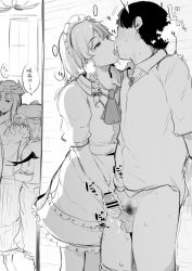 Rule 34 | 1boy, 3girls, apron, around corner, bar censor, braid, censored, clothes pull, cum, french kiss, greyscale, handjob, hat, highres, izayoi sakuya, kiss, looking at another, maid, maid headdress, male pubic hair, mob cap, monochrome, multiple girls, pants, pants pull, patchouli knowledge, penis, pubic hair, remilia scarlet, sakurayu haru, stealth, stealth handjob, stealth sex, sweat, touhou, translated, twin braids