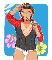 Rule 34 | 1boy, alternate costume, bad id, bad twitter id, bare pectorals, blue eyes, brown hair, bubble tea, bulge, casual, cross scar, cup, disposable cup, facial hair, fate/grand order, fate (series), goatee, holding, holding cup, hood, hooded jacket, hoodie, jacket, long sideburns, long sleeves, male focus, male swimwear, muscular, naked jacket, napoleon bonaparte (fate), open clothes, open hoodie, open jacket, partially unbuttoned, pectoral cleavage, pectorals, scar, scar on chest, shitappa, short hair, sideburns, solo, swim briefs, swimsuit, tan, thighs, white male swimwear, white swim briefs