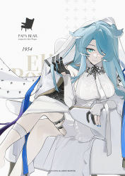 Rule 34 | 1girl, armchair, bare shoulders, black gloves, blue eyes, blue hair, blue nails, blue ribbon, breasts, chair, commentary, copyright name, detached sleeves, dragon girl, dragon tail, dress, elbow gloves, elira pendora, english text, gloves, hair over one eye, head wings, highres, k00s, lace, large breasts, long hair, looking at viewer, nail polish, nijisanji, nijisanji en, one eye covered, ribbon, sitting, smile, solo, tail, thigh strap, virtual youtuber, white dress, white gloves, wings