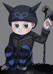 Rule 34 | 1boy, 8takenokonosato8, arm support, black eyes, black footwear, black headwear, black jacket, black pants, blue pants, blush stickers, brown hair, chain, danganronpa (series), danganronpa v3: killing harmony, fake horns, grey background, hand up, hat, highres, horned headwear, horns, hoshi ryoma, jacket, leather, leather jacket, long sleeves, male focus, pants, short hair, simple background, sitting, solo focus, striped clothes, striped pants