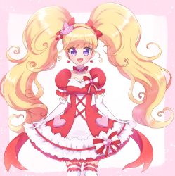 Rule 34 | 1girl, :d, absurdres, asahina mirai, blonde hair, bow, cure miracle, cure miracle (ruby style), dress, dress bow, earrings, elbow gloves, gloves, hair bow, hat, hat ornament, heart, heart earrings, heart hat ornament, highres, jewelry, long hair, looking at viewer, magical girl, mahou girls precure!, mini hat, mini witch hat, open mouth, pink background, pink hat, precure, puffy sleeves, purple eyes, red bow, red dress, rii (rii0 02), skirt hold, smile, solo, thighhighs, twintails, white gloves, white thighhighs, witch hat