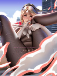 Rule 34 | 1girl, blonde hair, blue eyes, bodysuit, breast press, breasts, freckles, gwen stacy, hairband, highres, hood, hooded bodysuit, large breasts, leaning back, legs up, liang xing, lips, looking at viewer, marvel, outdoors, presenting, skin tight, skindentation, smoke, solo, spider-gwen, spider-man: into the spider-verse, spider-man (series), spider-verse, spread legs, thighs