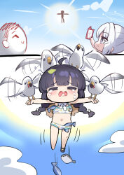 Rule 34 | 1boy, 2girls, 2koma, = =, animal, animal in clothes, bikini, bird, black hair, blue archive, blue sky, blunt bangs, braid, cellphone, chibi, cloud, cloudy sky, comic, commentary, crying, doodle sensei (blue archive), english commentary, fish, flying, hair between eyes, halo, hat, hat on back, highres, hm (hmongt), holding, holding phone, kidnapping, leaf, leaf on head, long hair, looking at another, low twintails, miyako (blue archive), miyako (swimsuit) (blue archive), miyu (blue archive), miyu (swimsuit) (blue archive), multiple girls, navel, official alternate costume, official alternate hairstyle, outdoors, outstretched arms, phone, ponytail, purple eyes, sacabambaspis, seagull, sensei (blue archive), sidelocks, silent comic, sky, sleeveless, smartphone, spread arms, stomach, straw hat, sun, swimsuit, t-pose, taking picture, twin braids, twintails, white bikini, white hair