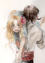 Rule 34 | 1boy, 1girl, barefoot, blonde hair, blue eyes, blush, brown hair, carrying, carrying over shoulder, chikama (minka), couple, dress, facial hair, flower, freckles, gol d. roger, hair flower, hair ornament, husband and wife, long hair, mustache, one piece, person over shoulder, pirate, portgas d. rouge, sash, shoulder carry, simple background