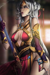 Rule 34 | 1girl, bare shoulders, blue eyes, breasts, breasts apart, center opening, fingerless gloves, gem, gloves, gun, hair ornament, hair stick, headband, highres, jellyemily, jewelry, lian (paladins), lipstick, long hair, makeup, nail polish, paladins, rifle, ring, solo, weapon, white hair