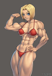 Rule 34 | 1girl, abs, bikini, blonde hair, blue eyes, blue mary, breasts, covered erect nipples, extreme muscles, flexing, hand on own hip, large breasts, muscular, navel, red bikini, short hair, solo, speh, swimsuit, the king of fighters, thick thighs, thighs, underboob