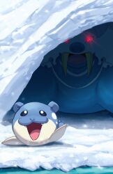 blue_fur creatures_(company) darkwaterbeach day fangs game_freak gen_3_pokemon glowing glowing_eyes highres ice nintendo no_humans open_mouth outdoors pokemon pokemon_(creature) red_eyes snow spheal two-tone_fur walrein white_fur