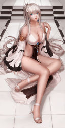 Rule 34 | 1girl, absurdres, bare legs, bare shoulders, black panties, blue eyes, breasts, cleavage, collarbone, commentary request, detached sleeves, dungeon and fighter, earrings, female gunner (dungeon and fighter), full body, hair ornament, hand up, high heels, highres, jewelry, korean commentary, large breasts, lips, long hair, long sleeves, looking at viewer, monaim, panties, parted lips, revealing clothes, revision, shoes, silver hair, sitting, sleeves past wrists, solo, stairs, stomach, thighs, tile floor, tiles, underwear, very long hair, white footwear, wide sleeves