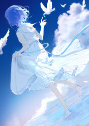 Rule 34 | 1girl, absurdres, bird, blue hair, blue ribbon, blue sky, cloud, clover, colorful festival (project sekai), commentary, dove, dress, dutch angle, four-leaf clover, frilled dress, frills, highres, holding, holding clothes, holding dress, kiritani haruka, koppan, looking at animal, neckerchief, project sekai, reflection, ribbon, sandals, short hair, sky, solo, walking, walking on liquid, white bird, white dress, white footwear, white neckerchief
