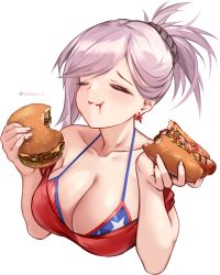 Rule 34 | 1girl, :t, absurdres, american flag bikini, american flag print, bikini, bikini under clothes, breasts, burger, closed mouth, cropped torso, earrings, eating, fate/grand order, fate (series), flag print, food, highres, hot dog, jewelry, large breasts, leaf, maple leaf, miyamoto musashi (fate), miyamoto musashi (fate/grand order), miyamoto musashi (swimsuit berserker) (fate), miyamoto musashi (swimsuit berserker) (second ascension) (fate), pink hair, ponytail, print bikini, queasy s, red shirt, shirt, solo, swimsuit, transparent background, upper body