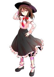 Rule 34 | 1girl, alphes (style), black footwear, black hat, black skirt, bobby socks, bow, breasts, brown hair, closed mouth, collared shirt, dairi, eyebrows, facing away, frilled skirt, frills, full body, hair between eyes, hair bow, hand on own hip, hat, highres, legs apart, long hair, long sleeves, looking away, looking to the side, medium breasts, necktie, orange eyes, parody, puffy long sleeves, puffy sleeves, red bow, red necktie, shirt, shoes, skirt, smile, socks, solo, standing, style parody, touhou, transparent background, usami renko, white shirt, white socks