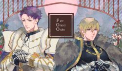 Rule 34 | 2boys, armor, blonde hair, blue eyes, blue flower, chain, fate/grand order, fate (series), flower, fur trim, gauntlets, gawain (fate), holding, holding sword, holding weapon, knight, lancelot (fate/grand order), looking at viewer, multiple boys, purple eyes, purple hair, red flower, sara (kurome1127), sword, upper body, weapon
