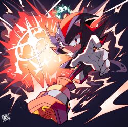 Rule 34 | 1boy, black eyes, black fur, chaos emerald, explosion, full body, gurepyon, highres, holding crystal, looking at viewer, male focus, multicolored fur, red fur, shadow the hedgehog, solo, sonic (series)