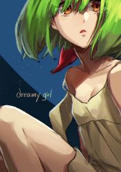 Rule 34 | 1girl, bad id, bad pixiv id, black background, blue background, bow, breasts, cleavage, collarbone, dress, from side, green hair, grey dress, hair between eyes, hair bow, highres, macross, macross frontier, medium hair, open mouth, orange eyes, pote-mm, ranka lee, red bow, short dress, sitting, sleeveless, sleeveless dress, small breasts, solo, spaghetti strap, two-tone background