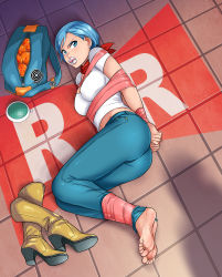 Rule 34 | 1girl, abduction, absurdres, ass, barefoot, bdsm, belly, blue eyes, blue hair, bondage, bound, bound ankles, bound wrists, breasts, bulma, cleavage, cloth gag, denim, dragon ball, dragon ball (object), dragon ball super, dragon radar, earrings, feet, gag, gagged, highres, improvised gag, jeans, jewelry, kidnapped, lipstick, lost one zero, makeup, navel, pants, scarf, shadow, shirt, shoes, unworn shoes, tape, tape bondage, toes, white shirt