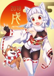 Rule 34 | 1girl, 2018, :d, animal ears, black gloves, black pantyhose, blunt bangs, blush, breasts, chinese zodiac, detached sleeves, dog, dog ears, dog tail, fang, fingerless gloves, gloves, japanese clothes, kimono, medium breasts, new year, open mouth, original, pantyhose, ribbon-trimmed legwear, ribbon-trimmed sleeves, ribbon trim, short eyebrows, silver hair, smile, solo, standing, tail, thick eyebrows, thighhighs, thighhighs over pantyhose, wide sleeves, year of the dog, yukimura tsubame