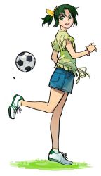 Rule 34 | 10s, 1girl, adidas, b suke, ball, bow, denim, denim skirt, freestyle soccer, frilled shirt, frills, full body, grass, green eyes, green hair, green shirt, hair bow, jpeg artifacts, kicking, looking back, matching hair/eyes, midorikawa nao, open mouth, precure, shirt, shoes, short ponytail, simple background, skirt, smile precure!, soccer ball, socks, solo, standing, standing on one leg, training, white background, wristband, yellow bow