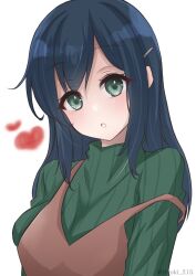 Rule 34 | 1girl, blue hair, brown dress, dress, green eyes, green sweater, heart, highres, kantai collection, long hair, official alternate costume, official alternate hairstyle, one-hour drawing challenge, parted lips, ryouki (ryoki 215), simple background, solo, souryuu (kancolle), strap slip, sweater, upper body, white background