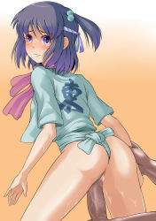 Rule 34 | 1girl, amashoku jirou, arm grab, ass, bad id, bad pixiv id, black hair, blue eyes, clothed female nude male, clothed sex, clothing aside, erection, from behind, fundoshi, fundoshi aside, happi, headband, japanese clothes, looking back, mizu happi, nude, original, panties, panties aside, penis, pussy, sex, short hair, solo focus, tears, twintails, uncensored, underwear, vaginal