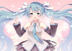 Rule 34 | 1girl, black skirt, blue eyes, blue hair, blue necktie, blush, collared shirt, detached sleeves, grey shirt, hair ribbon, half-closed eyes, hands up, hatsune miku, long hair, looking at viewer, necktie, open mouth, petals, pleated skirt, ribbon, sakura hiyori, shirt, skirt, sleeveless, sleeveless shirt, smile, solo, suspenders, twintails, very long hair, vocaloid, white ribbon