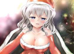 Rule 34 | 10s, 1girl, :d, bare shoulders, blue eyes, blush, bobblehat, breasts, cape, christmas, christmas lights, christmas ornaments, christmas tree, cleavage, detached sleeves, dress, female focus, fur trim, hanging breasts, kagitsume, kantai collection, kashima (kancolle), large breasts, open mouth, red dress, santa costume, short hair, silver hair, smile, solo, sparkle, strapless, strapless dress, two side up, under covers