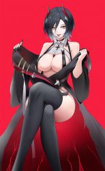 Rule 34 | 1girl, areola slip, azur lane, bare shoulders, black choker, black hair, black jacket, black thighhighs, blue hair, breast strap, breasts, cbmus, choker, claw ring, cleavage, collarbone, commentary, covered erect nipples, crop top, cross, crossed legs, garter straps, gradient hair, hair between eyes, highres, horns, invisible chair, iron cross, jacket, large breasts, looking at viewer, multicolored hair, piercing, red background, red horns, shirt, short hair, sidelocks, simple background, sitting, skindentation, smile, solo, studded choker, teeth, thighhighs, tongue, tongue out, tongue piercing, ulrich von hutten (azur lane), undressing, upper teeth only, white hair, white shirt, yellow eyes