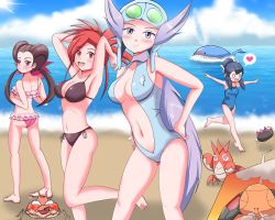 Rule 34 | 4girls, armpits, arms up, ass, aviator cap, barefoot, beach, bikini, black bikini, black eyes, black hair, blood, blue headwear, blue one-piece swimsuit, blue sky, blush, breasts, brown hair, cameltoe, center opening, choker, cleavage, cloud, collarbone, corphish, covered erect nipples, covered navel, creatures (company), day, female focus, flannery (pokemon), flying sweatdrops, frilled bikini, frills, from behind, full body, game freak, gen 1 pokemon, gen 3 pokemon, gen 7 pokemon, gym leader, hair bun, hair ornament, hair ribbon, hair tie, hand on own hip, hands up, happy, hat, heart, heart-shaped pupils, highres, kaimu (qewcon), krabby, leg up, legs apart, liza (pokemon), long hair, looking at viewer, looking back, looking up, matching hair/eyes, medium breasts, multiple girls, navel, nintendo, nosebleed, o o, ocean, one-piece swimsuit, open mouth, outdoors, outstretched arms, pokemon, pokemon (creature), pokemon rse, ponytail, purple bikini, purple eyes, purple hair, pyukumuku, red eyes, red hair, ribbon, roxanne (pokemon), running, side-tie bikini bottom, single hair bun, sky, small breasts, smile, speech bubble, spoken heart, spread arms, standing, standing on one leg, sun, swimsuit, symbol-shaped pupils, teeth, torkoal, twintails, very long hair, wailmer, water, white choker, white eyes, white ribbon, winona (pokemon)