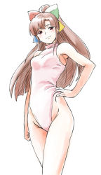 Rule 34 | 1girl, 95-tan, bow, brown hair, casual one-piece swimsuit, hair bow, hand on own hip, highleg, highleg leotard, highleg swimsuit, hip focus, leotard, minato fumi, one-piece swimsuit, os-tan, ponytail, simple background, solo, swimsuit, xp-tan