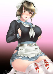 Rule 34 | 1girl, apron, bandana, black hair, black shirt, blouse, blue skirt, blush, breasts, hair between eyes, hair flaps, hair ornament, hairclip, headgear, highres, jin nai, jingei (kancolle), kantai collection, large breasts, lips, long hair, looking at another, low ponytail, neckerchief, open mouth, pink background, pleated skirt, red eyes, sailor collar, shirt, sitting, skirt, smile, solo, thighhighs, waist apron, wariza, white apron, white thighhighs