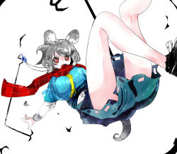 Rule 34 | 1girl, animal ears, capelet, dowsing rod, dress, grey hair, highres, ikurauni, jewelry, long sleeves, mouse ears, mouse tail, nazrin, open mouth, pendant, red eyes, red scarf, scarf, shirt, shoes, short hair, skirt, smile, solo, tail, touhou