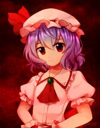 Rule 34 | 1girl, bow, brooch, ascot, dress, flat chest, frilled shirt collar, frilled sleeves, frills, hat, hat ribbon, highres, jewelry, light purple hair, looking at viewer, metyuu, mob cap, no wings, pink dress, puffy short sleeves, puffy sleeves, purple hair, red background, red bow, red eyes, remilia scarlet, ribbon, short hair, short sleeves, signature, smile, solo, embodiment of scarlet devil, touhou, upper body