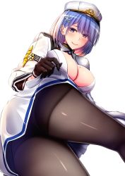 Rule 34 | 1girl, azur lane, bad id, bad pixiv id, black gloves, blue eyes, blue hair, breasts, chapayev (azur lane), chin gero, gloves, hair ornament, hairclip, hat, highres, jacket, large breasts, lifting own clothes, long sleeves, looking at viewer, military hat, mole, mole on breast, pantyhose, peaked cap, short hair, smile, white headwear, white jacket
