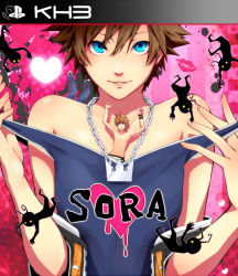 Rule 34 | 3boys, ^ ^, ^q^, atlus, bad id, bad pixiv id, blue eyes, brown hair, bunta01, catherine (game), catherine cover parody, clothes writing, cover, fake cover, giant, heart, heartless, jewelry, kingdom hearts, kingdom hearts 358/2 days, male focus, multiple boys, necklace, parody, riku (kingdom hearts), roxas, shadow (kingdom hearts), short hair, smile, sora (kingdom hearts), tank top, topless male, video game cover