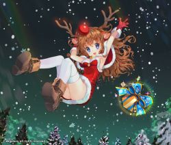 Rule 34 | 1girl, animal ears, antlers, armpits, blue eyes, boots, brown hair, capelet, christmas, dress, gift, gloves, horns, long hair, mintchoco (orange shabette), night, red nose, smile, snowing, solo, thighhighs, tree, wavy hair