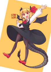 Rule 34 | 1girl, ascot, black skirt, blonde hair, blouse, bow, bowtie, breasts, darkness, dragon girl, dragon horns, dragon tail, dragon wings, dress shirt, druma, fangs, floating, hair bow, hair ribbon, highres, horns, hyoutan tan, long sleeves, looking at viewer, necktie, outstretched arms, pantyhose, red bow, red eyes, red footwear, red neckwear, red ribbon, ribbon, rumia, scales, shirt, short hair, skirt, skirt set, small breasts, smile, socks, spread arms, tail, touhou, vest, waving arm, white shirt, wing collar, wings