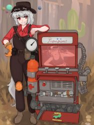 Rule 34 | 1girl, :d, animal ears, brown footwear, brown headwear, cosplay, crossover, dispenser (team fortress), engineer (tf2), full body, gloves, grin, highres, inubashiri momiji, kawashiro nitori, knee pads, open mouth, orange gloves, overalls, planet, ramnik5, red engineer (tf2), red eyes, short hair, single glove, sleeves rolled up, smile, solo, standing, syringe, tail, team fortress 2, teeth, the engineer, the engineer (cosplay), touhou, unusual effect, white hair, wolf ears, wolf girl, wolf tail