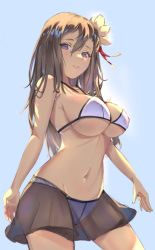 Rule 34 | 1girl, bare shoulders, bikini, breasts, brown hair, cleavage, cowboy shot, drone (drone 37), flower, frilled skirt, frills, hair between eyes, hair flower, hair ornament, highres, large breasts, legs apart, lips, long hair, looking at viewer, looking down, midriff, mole, mole under eye, navel, open mouth, original, parted lips, purple eyes, see-through, see-through skirt, simple background, skirt, solo, striped bikini, striped clothes, swimsuit, underboob, vertical-striped bikini, vertical-striped clothes